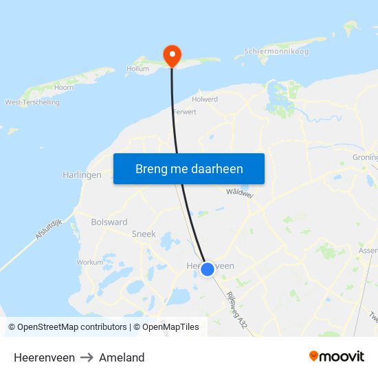 Heerenveen to Ameland map