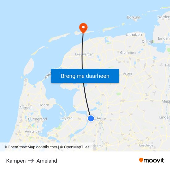 Kampen to Ameland map