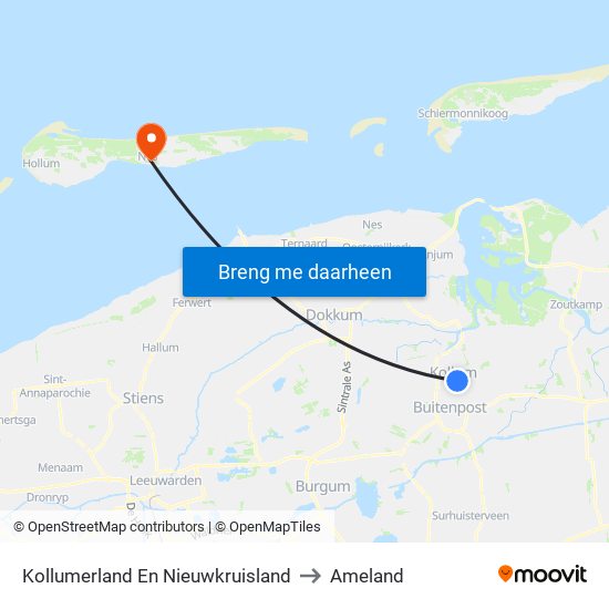 Kollumerland En Nieuwkruisland to Ameland map