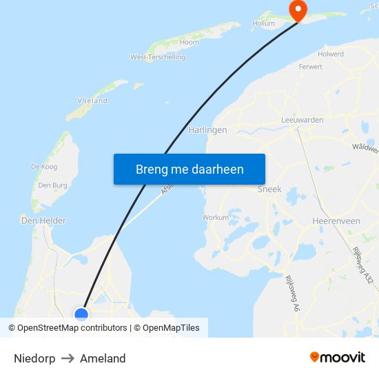 Niedorp to Ameland map