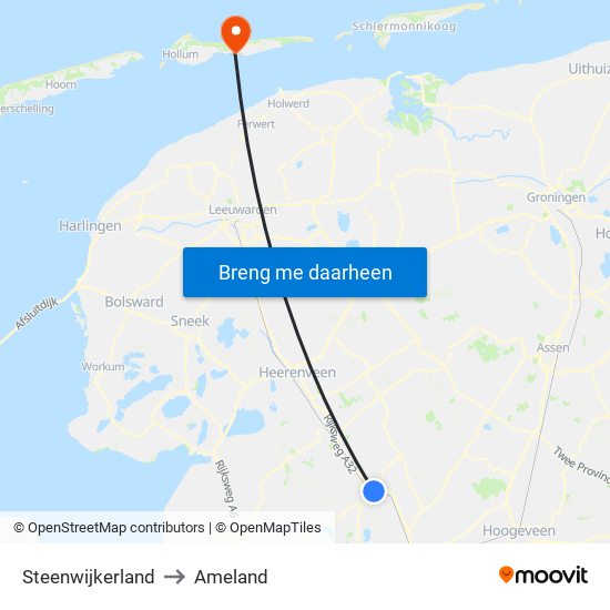 Steenwijkerland to Ameland map