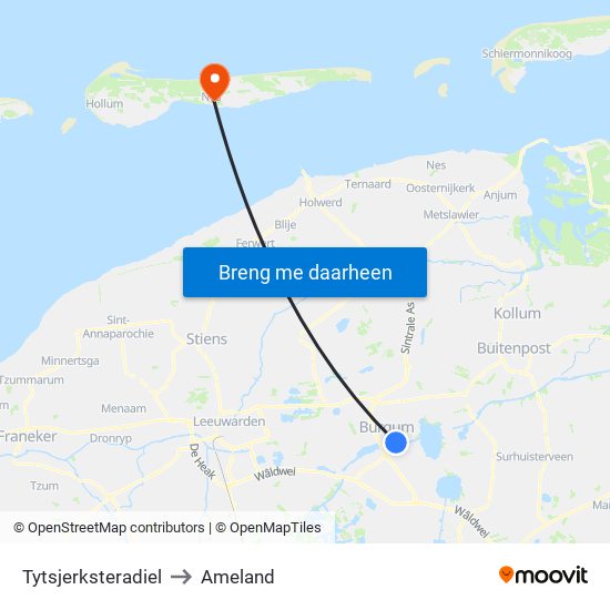 Tytsjerksteradiel to Ameland map