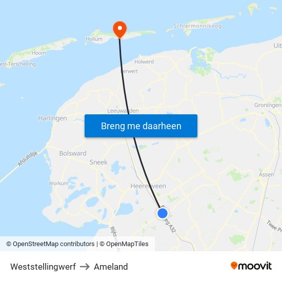 Weststellingwerf to Ameland map