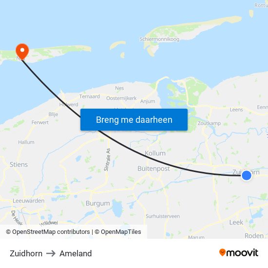 Zuidhorn to Ameland map