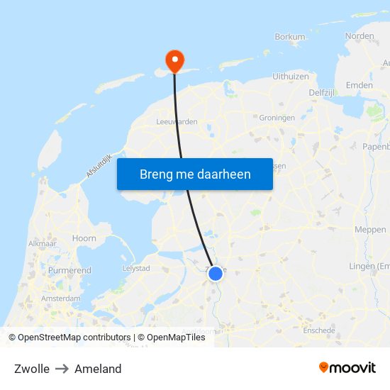 Zwolle to Ameland map