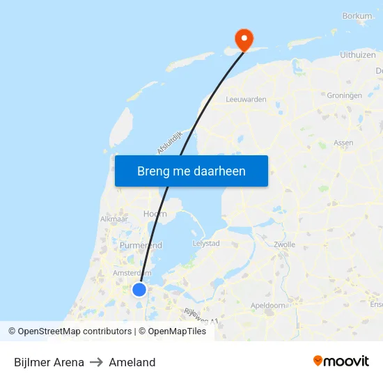 Bijlmer Arena to Ameland map