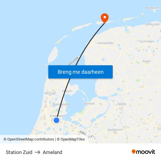 Station Zuid to Ameland map