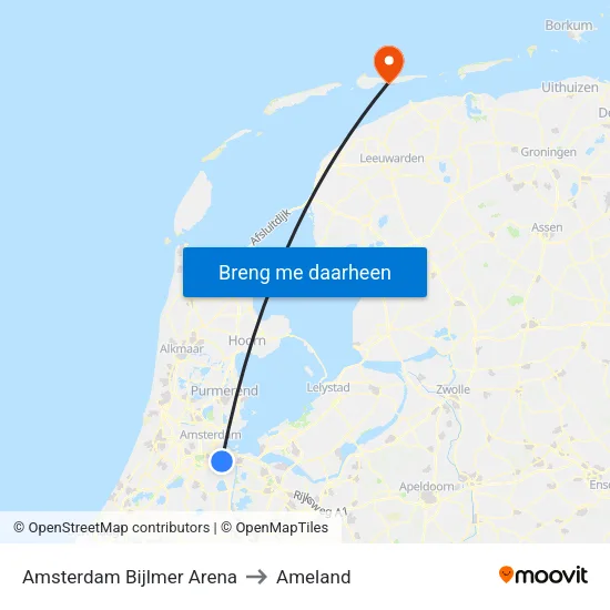 Amsterdam Bijlmer Arena to Ameland map