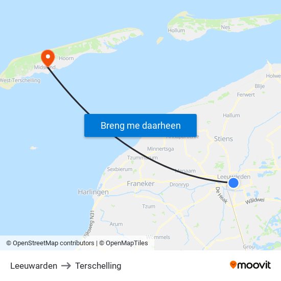 Leeuwarden to Terschelling map