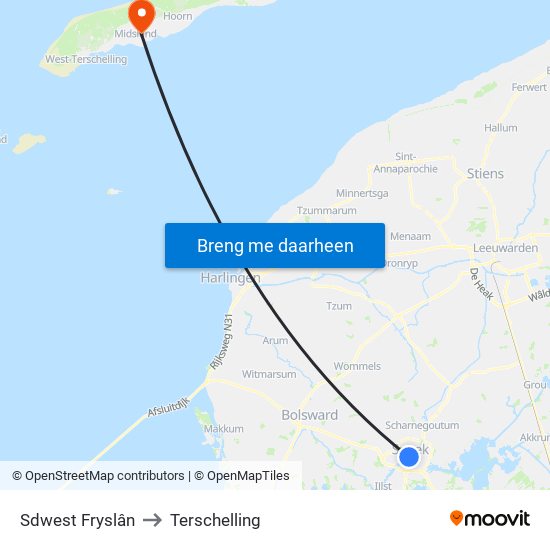Sdwest Fryslân to Terschelling map
