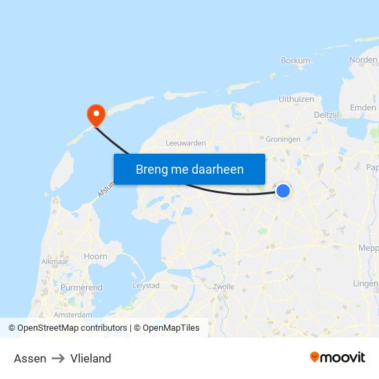 Assen to Vlieland map