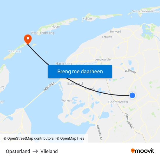 Opsterland to Vlieland map