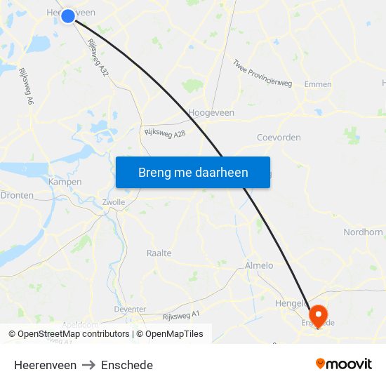 Heerenveen to Enschede map