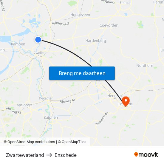 Zwartewaterland to Enschede map