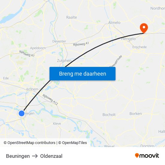 Beuningen to Oldenzaal map