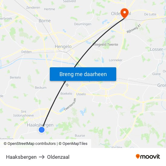 Haaksbergen to Oldenzaal map