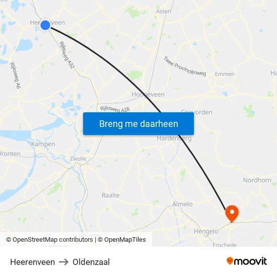 Heerenveen to Oldenzaal map