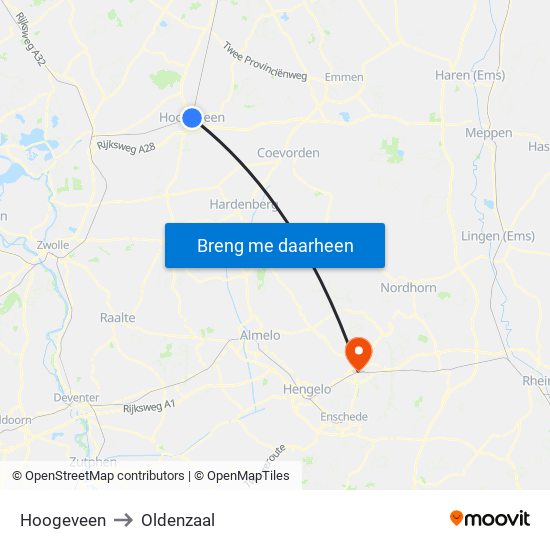 Hoogeveen to Oldenzaal map
