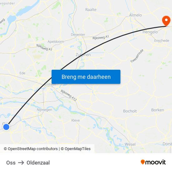 Oss to Oldenzaal map