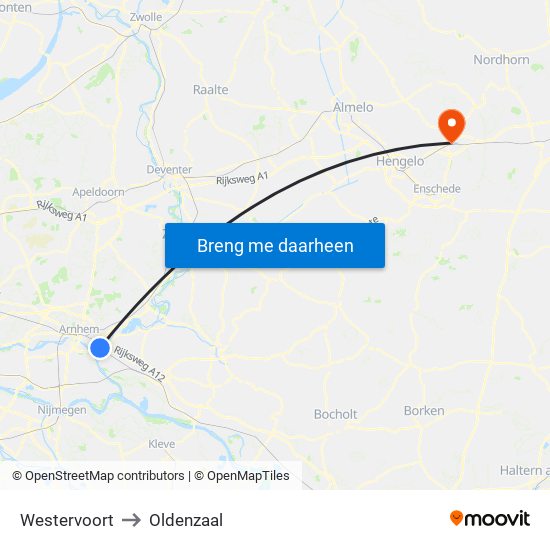 Westervoort to Oldenzaal map