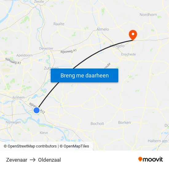 Zevenaar to Oldenzaal map