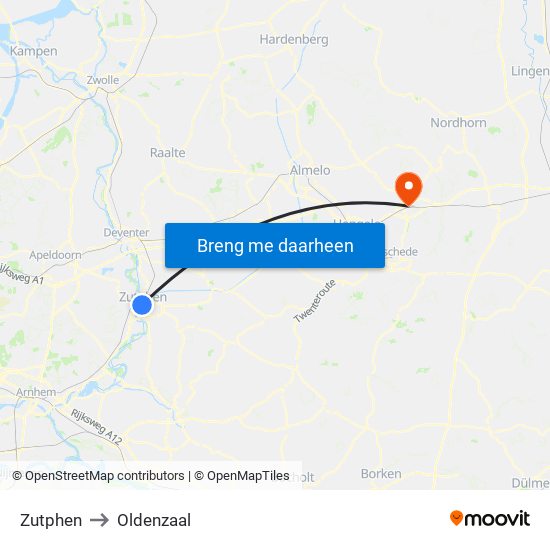 Zutphen to Oldenzaal map