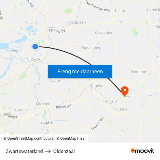 Zwartewaterland to Oldenzaal map