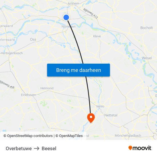 Overbetuwe to Beesel map