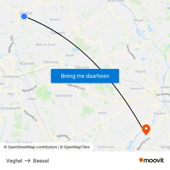 Veghel to Beesel map