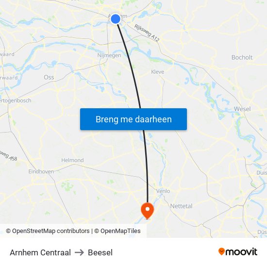 Arnhem Centraal to Beesel map