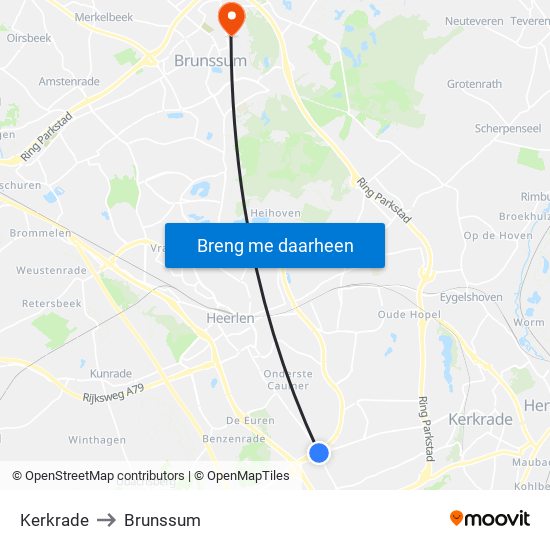 Kerkrade to Brunssum map