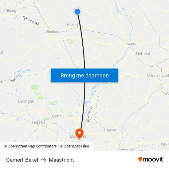 Gemert-Bakel to Maastricht map