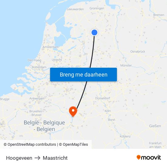 Hoogeveen to Maastricht map
