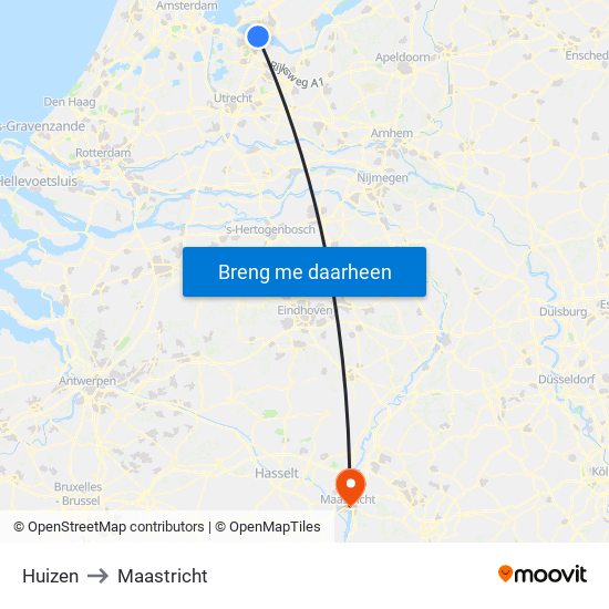 Huizen to Maastricht map