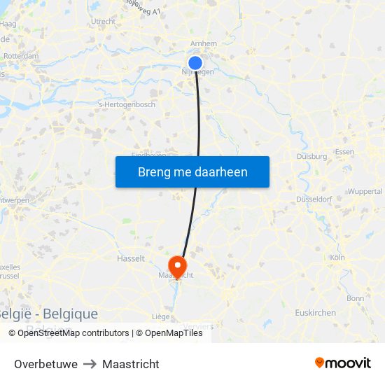 Overbetuwe to Maastricht map