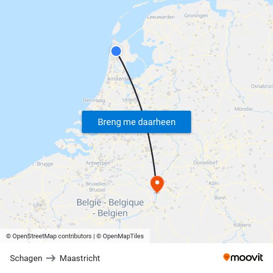 Schagen to Maastricht map
