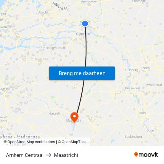 Arnhem Centraal to Maastricht map