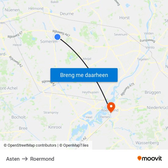 Asten to Roermond map