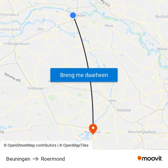 Beuningen to Roermond map