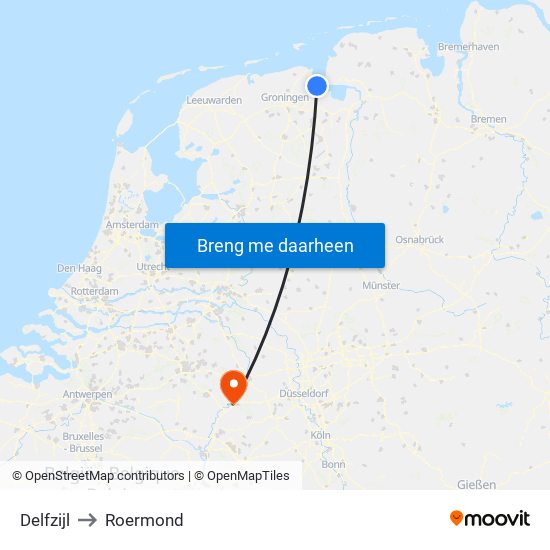 Delfzijl to Roermond map