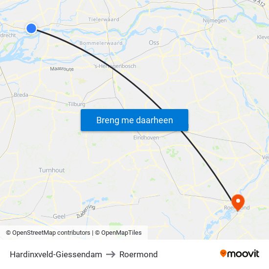 Hardinxveld-Giessendam to Roermond map