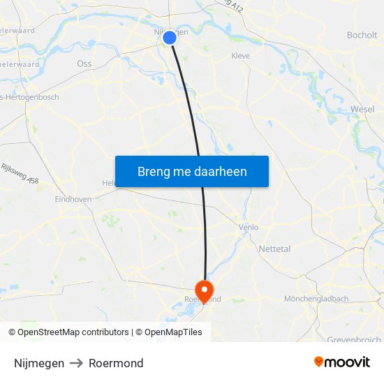 Nijmegen to Roermond map