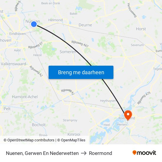Nuenen, Gerwen En Nederwetten to Roermond map