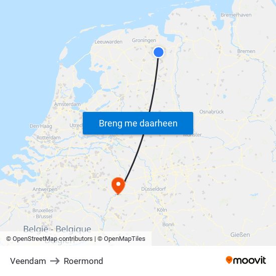 Veendam to Roermond map