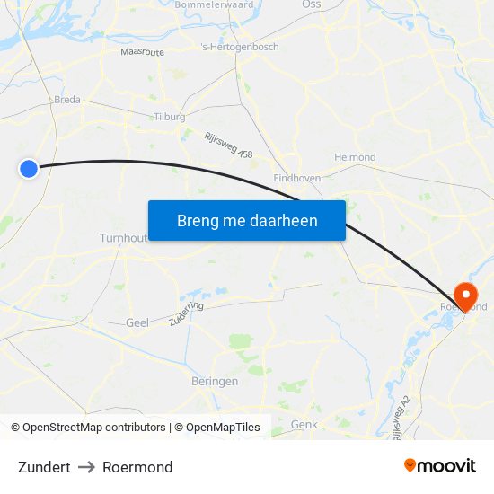 Zundert to Roermond map