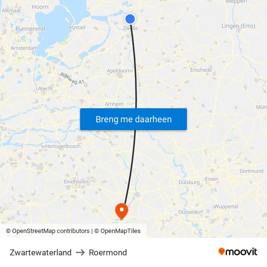 Zwartewaterland to Roermond map