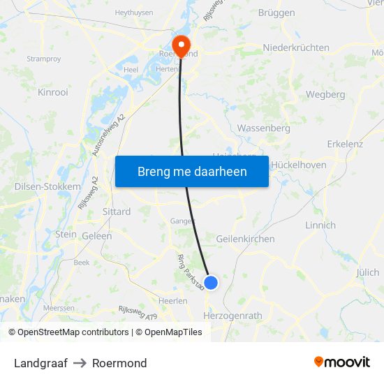 Landgraaf to Roermond map