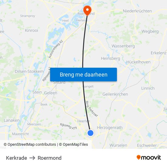 Kerkrade to Roermond map