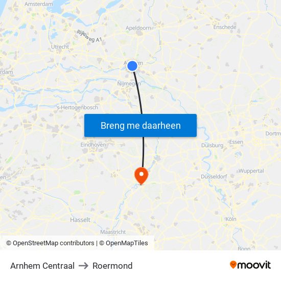 Arnhem Centraal to Roermond map