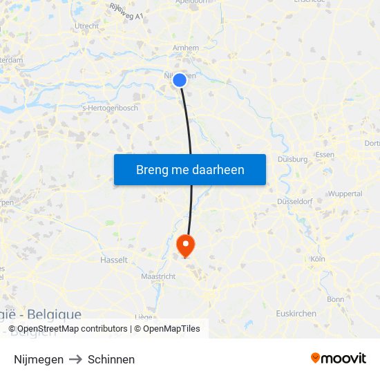 Nijmegen to Schinnen map